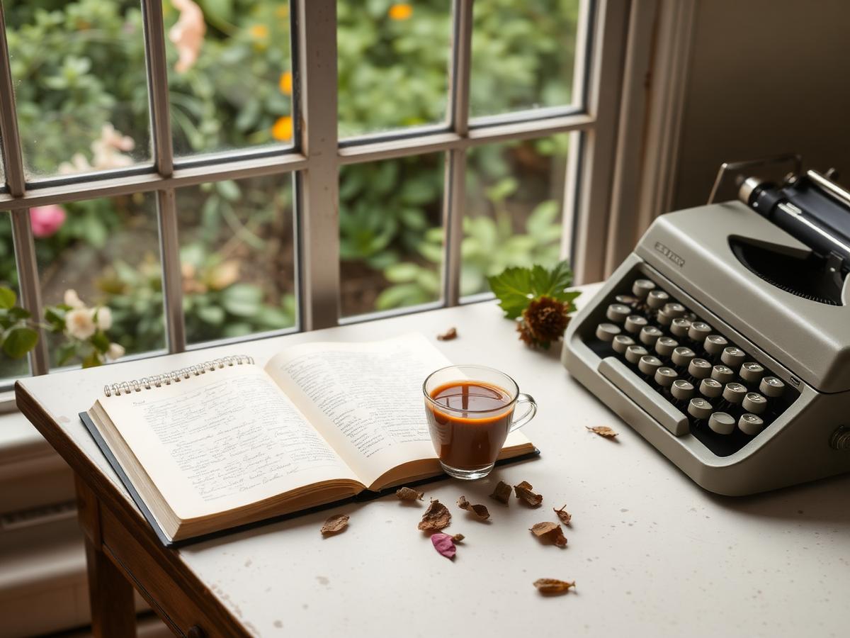 A writing desk with an open notebook, chai and a typewriter beside a garden window
