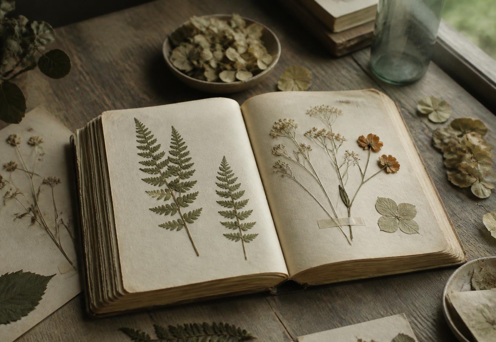 An open journal of pressed ferns and dried flowers on a wooden table in soft window light
